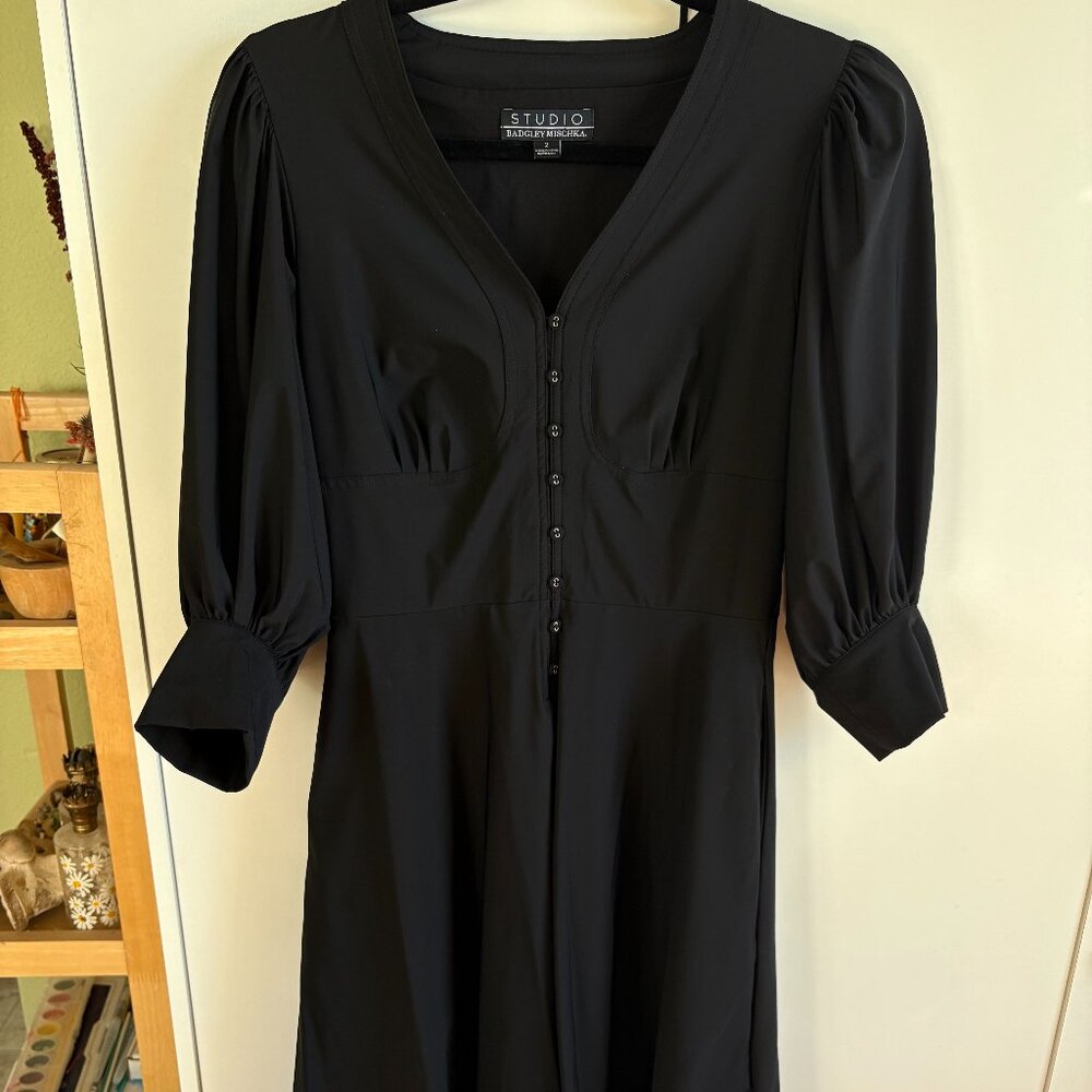 Badgley Mischka Studio Black Fit & Flare Button Front Dress | Size 2